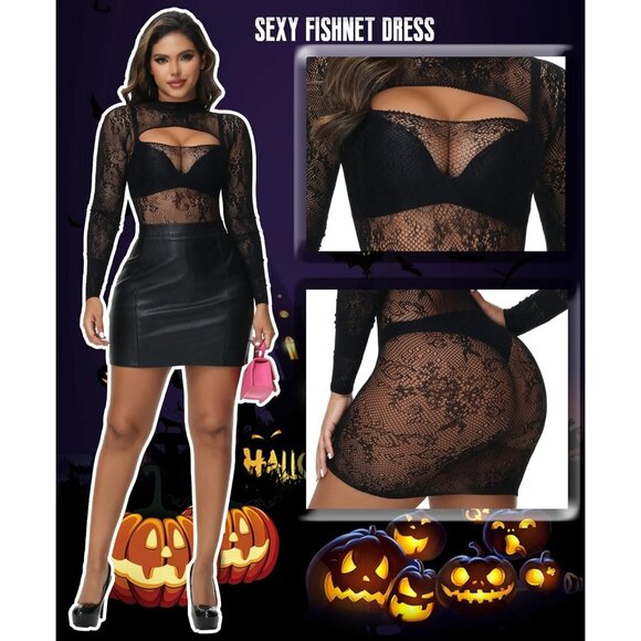 Black Fishnet Beach Cover Up Dress Sexy Bodycon Lingerie Nightwear for Women - Picture 2 of 5